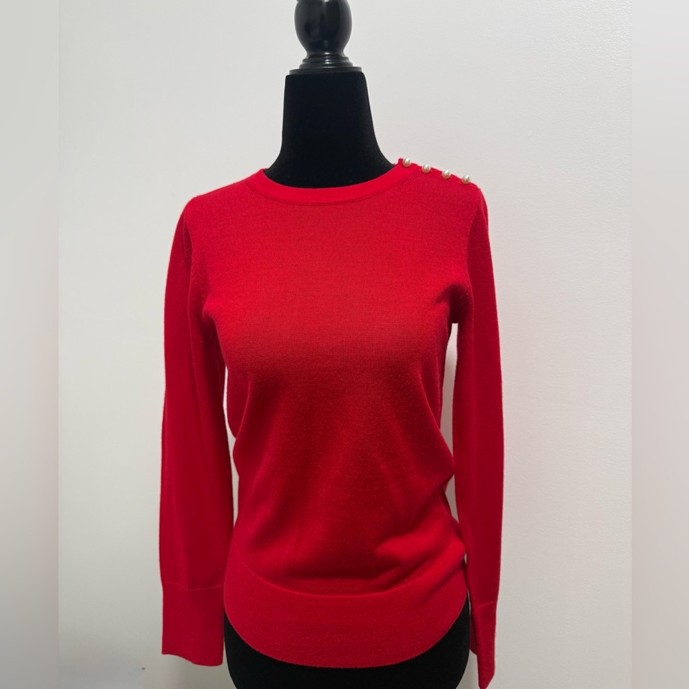 Ann Taylor Red Button-Shoulder Crewneck Sweater